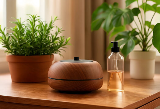 Wellness and mindfulness concept, wooden essential oil diffuser with aromatherapy spray on a desk with indoor plants for home relaxation and self care