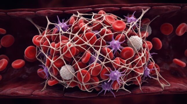 Medical illustration of a blood clot with red blood cells and fibrin strands inside a human vein for cardiovascular health research