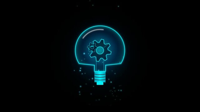 Neon light bulb icon with gears inside representing innovation and technical creativity