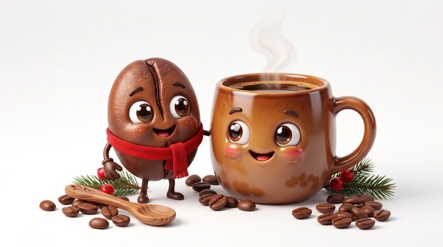 Cute coffee bean character with red scarf, smiling ceramic mug mascot with steam, winter beverage concept on white background