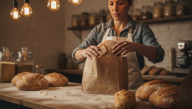 Small business owner in a modern artisanal bakery carefully packaging fresh sourdough loaves into simple brown paper bags