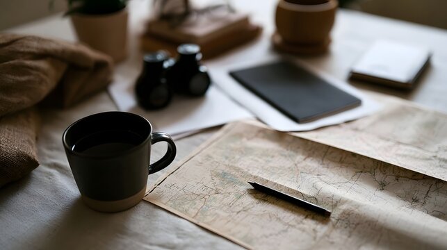 A travel map spread on a wooden table with a black mug  notebook  and binoculars nearby  suggesting planning or reflection