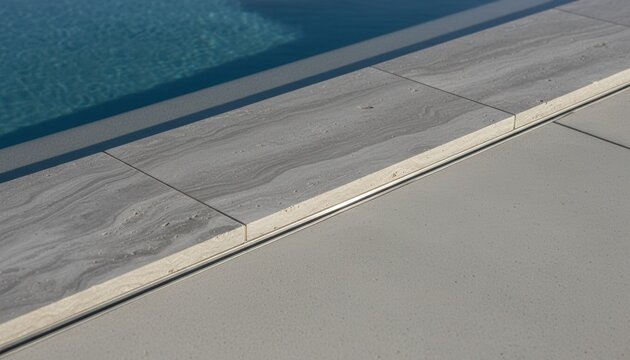Modern residential pool edge detail showing large format gray travertine coping stones and flush drainage channel