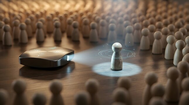 Projector highlights one person from a crowd of wooden figures
