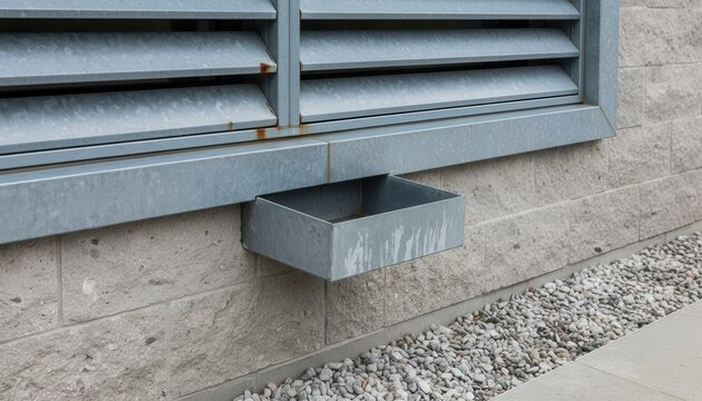 Architectural detail of exterior residential louvered shading system and drainage scupper on contemporary home