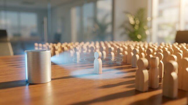 Wooden figures in office one highlighted by projector