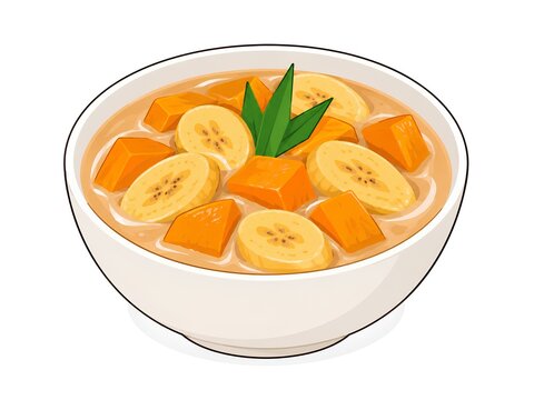 Indonesian Kolak Pisang Sweet Banana and Sweet Potato Dessert Soup Vector Illustration Isolated on White Background
