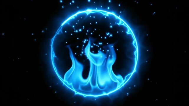 Glowing blue fire logo placeholder inside cinematic energy ring with particle explosion on dark background.