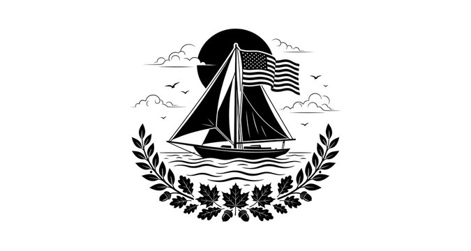Monochrome vintage emblem of a sailboat featuring an American flag on the main sail surrounded by rustic foliage