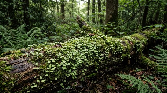 A fallen tree trunk covered in moss and ferns in a dense forest setting.