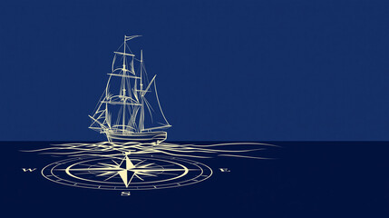 Minimalist Columbus Day line-art illustration featuring a sailing vessel, compass and ocean horizon, sophisticated navy and cream design, maritime holiday, modern greeting card, © Nataliya