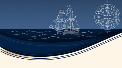 Minimalist Columbus Day line-art illustration featuring a sailing vessel, compass and ocean horizon, sophisticated navy and cream design, maritime holiday, modern greeting card, © Nataliya