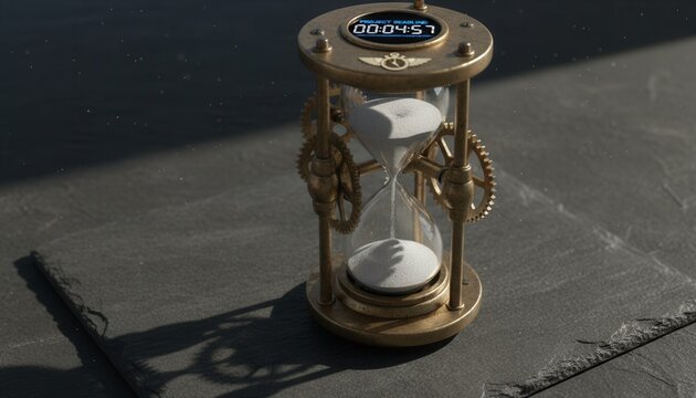 Vintage brass mechanical hourglass with flowing sand and digital project deadline timer sitting on dark slate surface