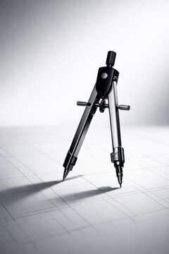 Professional metal drawing compass standing on graph paper.