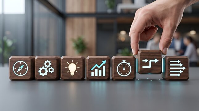 Business process cubes with icons for strategy and workflow
