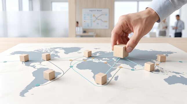 Hand placing wooden block on world map connecting global network