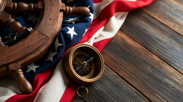 Columbus Day patriotic background featuring a weathered American flag draped beside an antique wooden ship wheel and compass, rustic texture, historical heritage, maritime