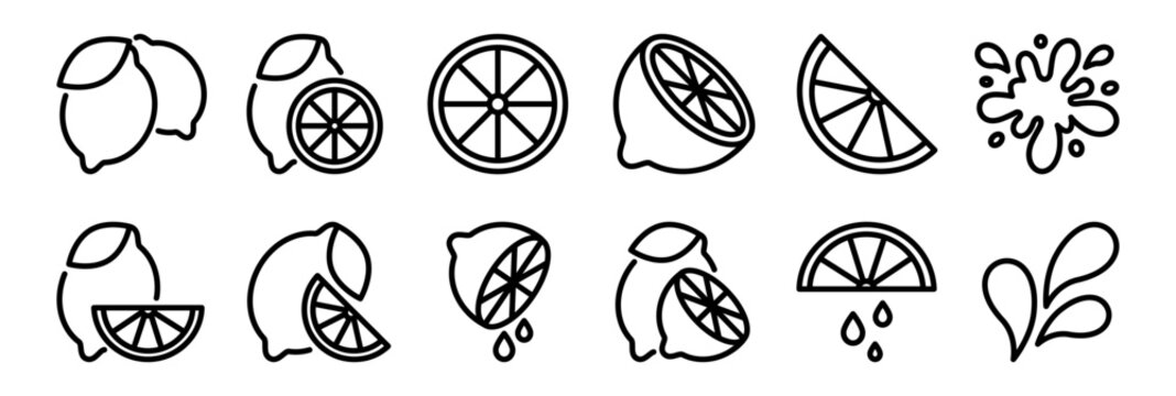 Lemon and citrus icon collection featuring whole fruit, slices, wedges, lemon halves, juice drops and splashes. Editable outline vector pictograms for food, drinks, cooking and freshness.