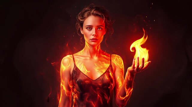 Woman with fire skin holding magical flame in palm. Fantasy character with glowing embers and heat effects. Lockdown medium shot.