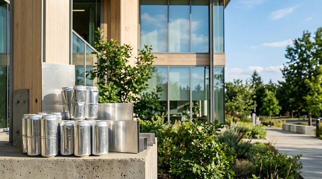 Aluminum Cans and Metal Scrap for Recycling Outside Modern Building