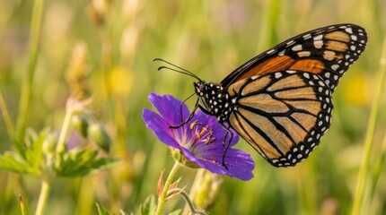 Obraz premium Monarch butterfly on purple wildflower, orange butterfly feeding on blossom, vibrant insect in sunny summer meadow field Black Friday Special