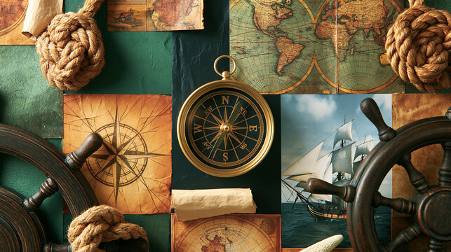 Vintage nautical collage with antique map fragments, compass rose, rope knots, ship wheel and sailing vessel, Columbus Day, historical exploration, maritime heritage, handcrafted