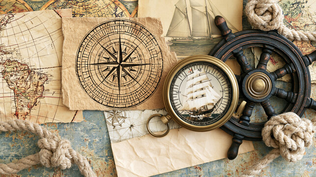 Vintage nautical collage with antique map fragments, compass rose, rope knots, ship wheel and sailing vessel, Columbus Day, historical exploration, maritime heritage, handcrafted