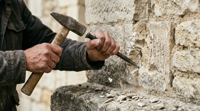 Stone mason using a hammer and chisel to carve and restore an old historic wall.