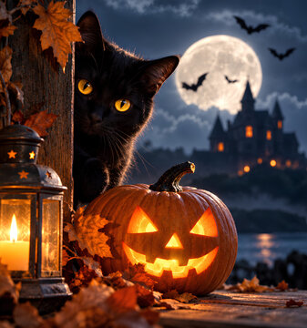 Citrouille d&rsquo;Halloween lumineuse avec chat noir sous la pleine lune