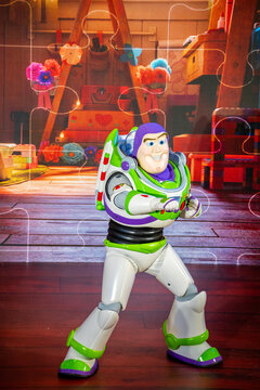 Bangkok, Thailand - September 4, 2026: Mascot performer dressed as Buzz Lightyear from the movie Toy Story 5 are performing on stage.