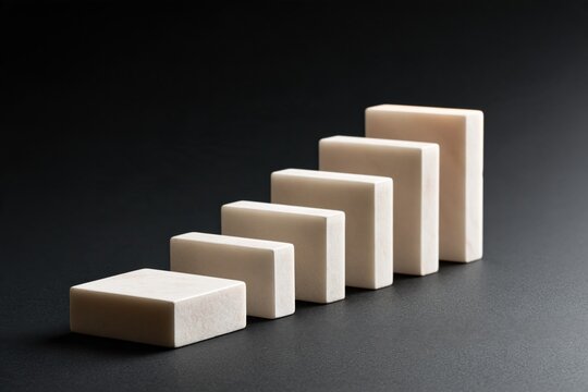 Domino blocks arranged as ascending staircase, metaphor for sequential decision making, step by step business growth, strategic progress and achieving success
