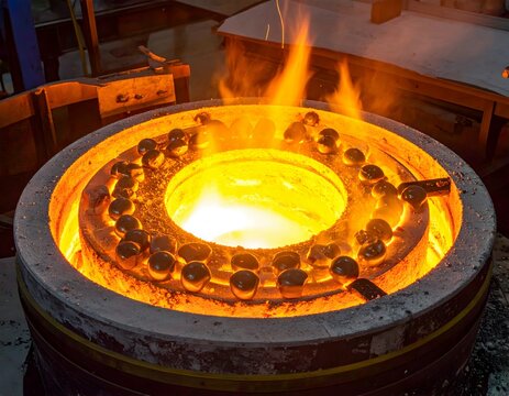 Molten metal being poured into a mold in a foundry with flames and glowing heat