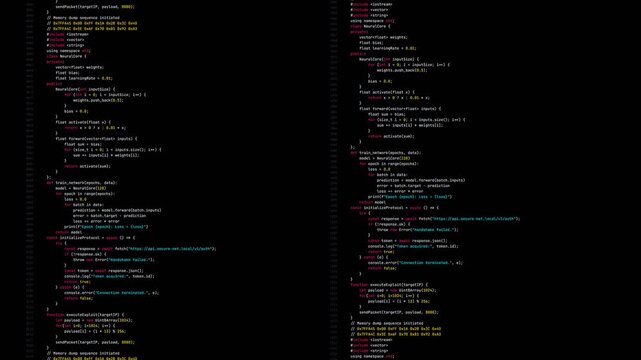 Source code scrolling terminal with syntax highlighting text flickering on dark screen for programming background
