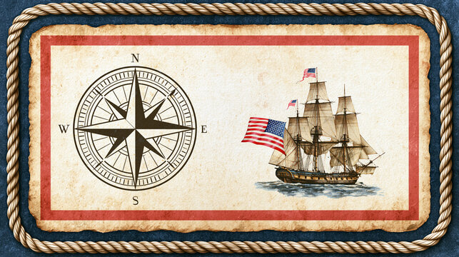 Vintage patriotic banner with weathered paper, nautical rope border, compass rose and historic sailing ship, Columbus Day, American heritage, maritime celebration, retro graphic