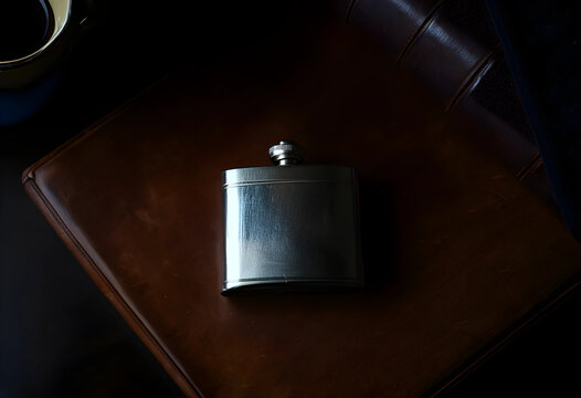 Alcoholism and addiction recovery, metal hip flask on a leather notebook with coffee, workplace stress and substance abuse in a dark office setting