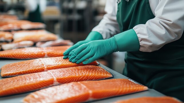 A worker wearing green gloves inspects fresh salmon fillets on a production line in a fish processing facility.