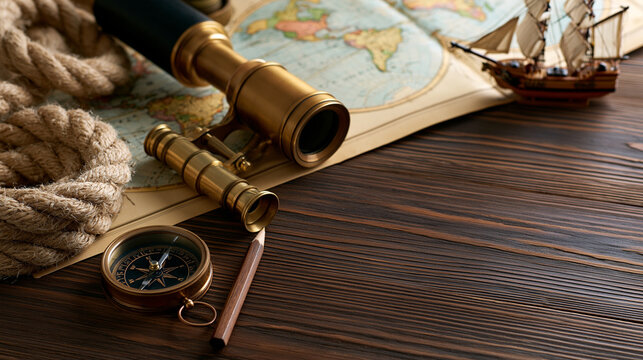 Antique world map spread across a wooden desk with a compass, brass telescope, nautical rope and small sailing ship model, Columbus Day exploration concept, vintage travel,