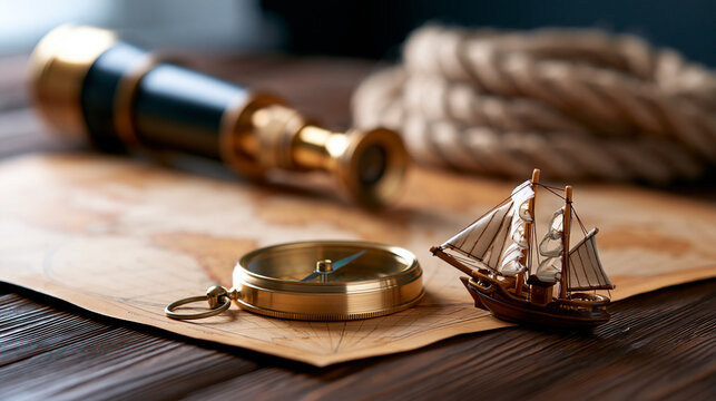 Antique world map spread across a wooden desk with a compass, brass telescope, nautical rope and small sailing ship model, Columbus Day exploration concept, vintage travel,