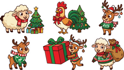 Naklejka premium Set of cute cartoon animals like sheep and reindeer wearing winter clothes and celebrating the christmas holiday season together