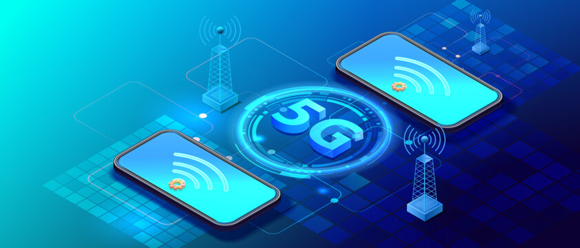 Isometric 5G technology concept with smartphones, wireless signals and communication towers, representing fast mobile internet, smart connectivity and next generation digital networks. Vector.
