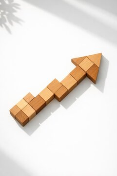 Wooden blocks forming an upward pointing arrow on white background.
