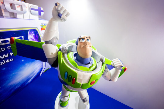 Bangkok, Thailand - September 4, 2025 : Toy Story movie backdrop display with Buzz Lightyear, a famous character in movie theatre.