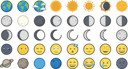 Space and weather vector icon set featuring earth moon phases sun solar system planet and emoji symbols © MdNipon