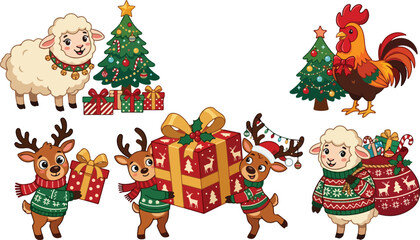Fototapeta premium Set of cute cartoon animals celebrating christmas with decorated pine trees gifts and festive sweaters on a white background
