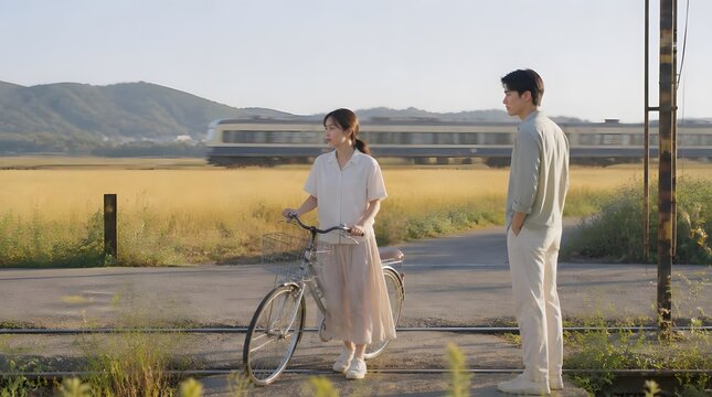 Korean Couple Standing by Rural Train Tracks with Bicycle
