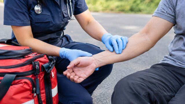 Emergency medical technician checking the pulse of a patient outdoors