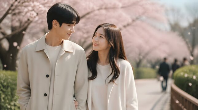 Korean Couple Walking Under Cherry Blossoms in Spring Park