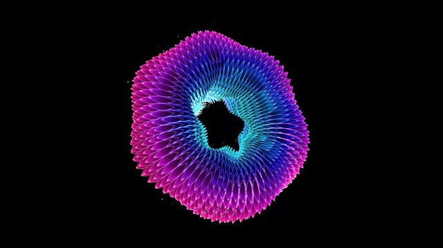 Abstract 3D glowing torus shape morphing with vibrant pink and blue neon colors on black background