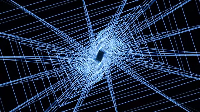 Futuristic blue neon wireframe tunnel rotating in a digital space on a black background loop