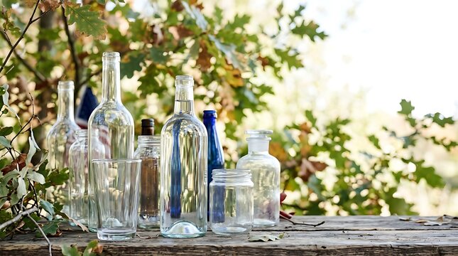 Glass bottles and jars for recycling on wooden table outdoors